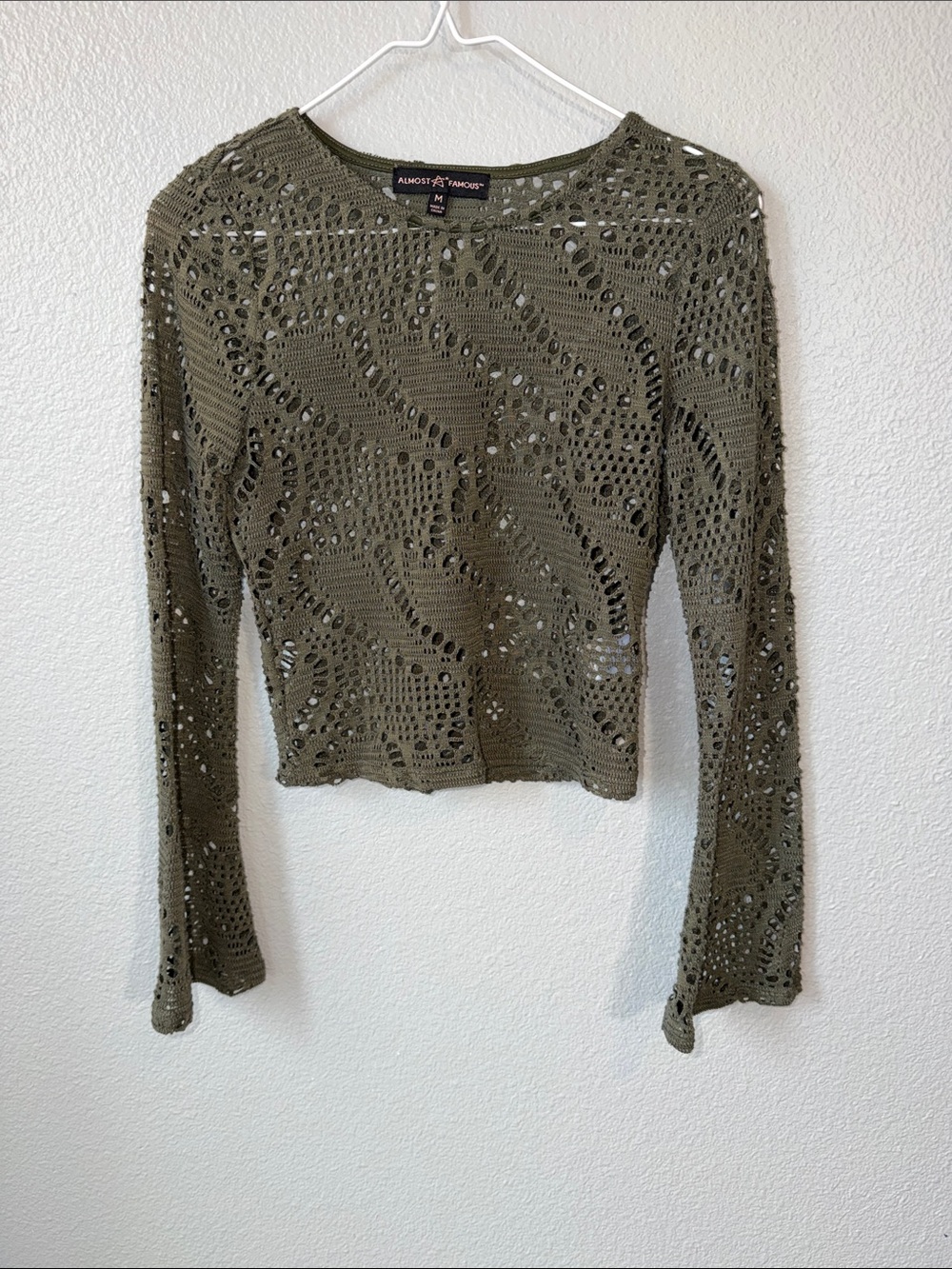 Almost Famous Olive Crochet Long Sleeve Open-Knit Top